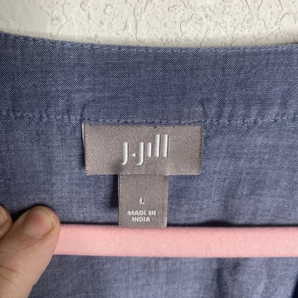 J Jill Chambray Tunic Top Womens L Blue Cotton Button Up Roll Tab Sleeves - Picture 2 of 9